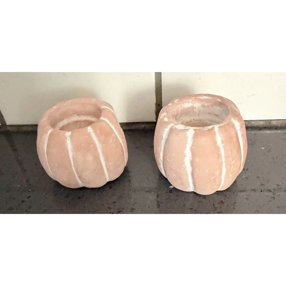 Vtg Terracotta Pumpkin Silly Whimsical Face Candle Holder Fall Halloween Lot 2